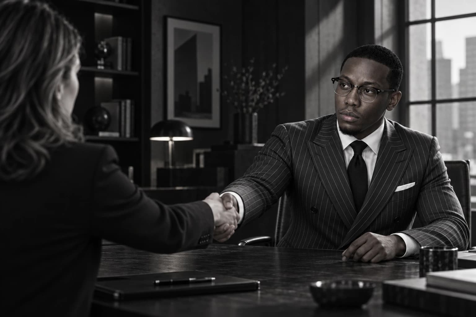 Generated black-and-white scene of Roman Ochelo wearing spectacles and a pinstripe suit, shaking hands with a woman across a table in a business meeting room.
