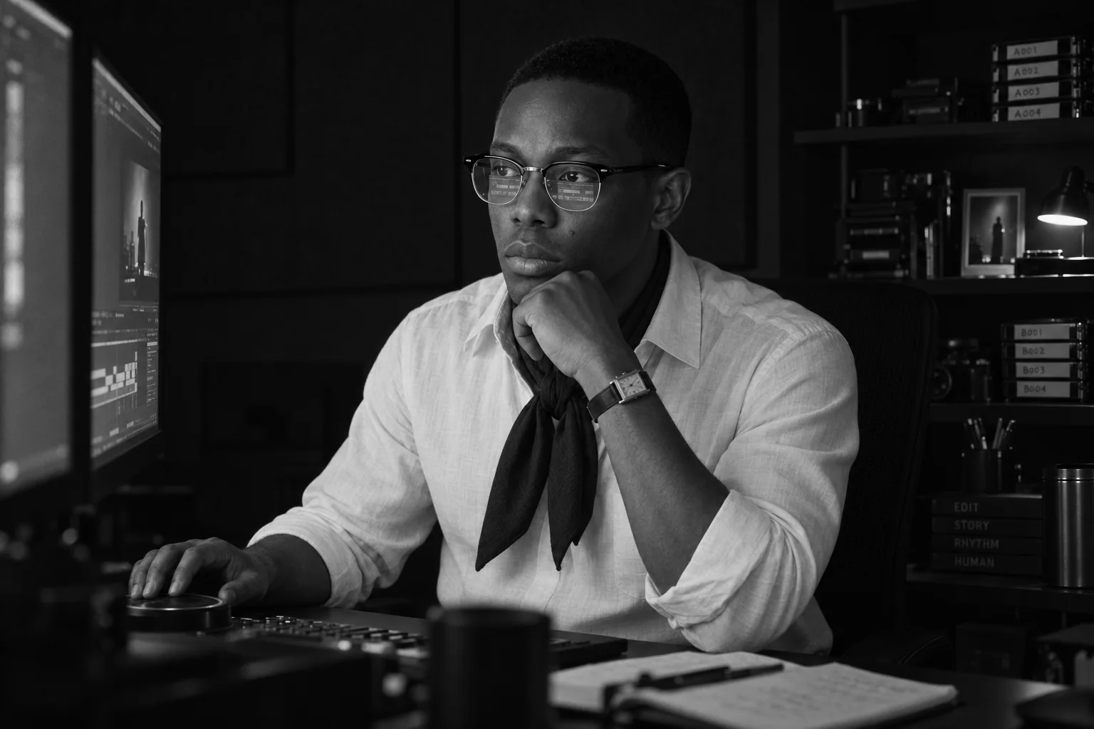 The director at an edit desk late at night, screen light on his face and glasses